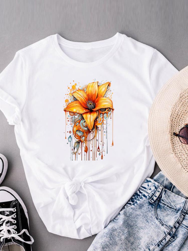 (Asian Size) sweet flower trend cute Women's Clothing Print Short Sleeve T-shirts Fashion Female Casual Top T O-neck Graphic Tee