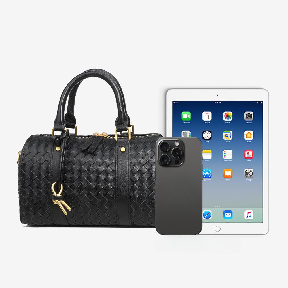 Woven Cowhide Boston Pillow Bag Handcrafted Stylish Commuter Shoulder Crossbody Handbag