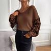 Harajuku Leopard Printing Stitching V-neck Sweater Autumn Winter Casual Loose Knitted Sweaters Tops for Women Bottoming Pullover