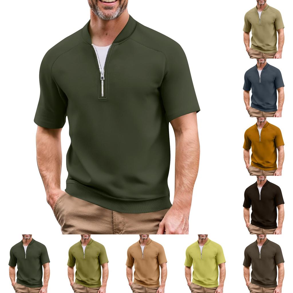 Men's Summer Solid Color Casual T-shirt Sports Breathable Zipper Collar Top