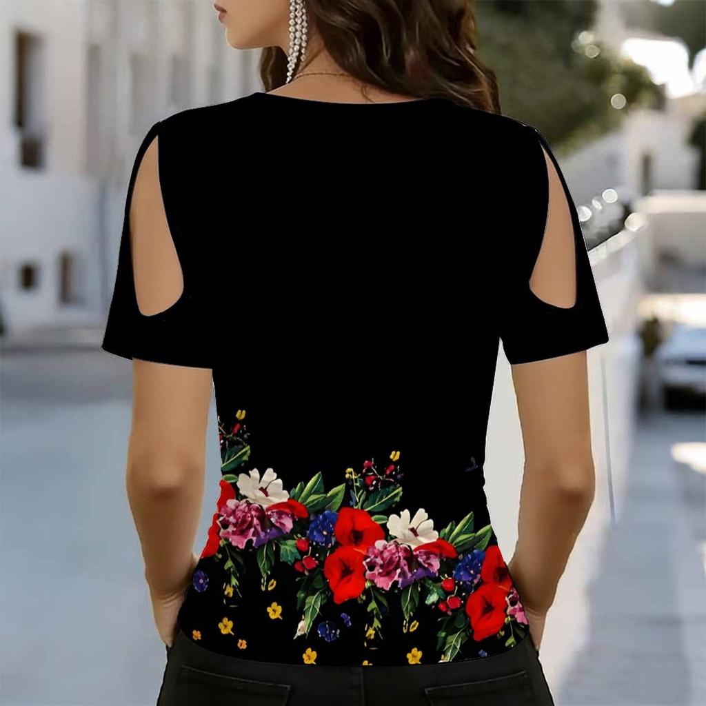 Women V Neck Cold Shoulder Top Light Purple 3D Butterfly Floral Print Short Sleeve Blouse