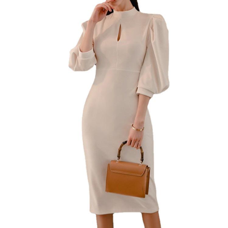 French Chic Stand-Up Collar Slim Lantern Sleeve Dress