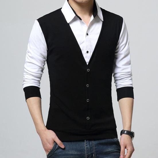 Maglia a maniche lunghe Patchwork Colorata da uomo Finto due pezzi Slim con colletto rovesciato Pullover per l'uso quotidiano