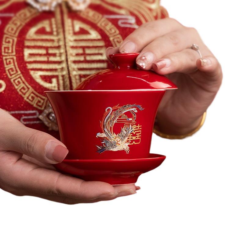 Festive Red Wedding Tea Set: Lidded Bowls, Tea Cups, and Chopsticks
