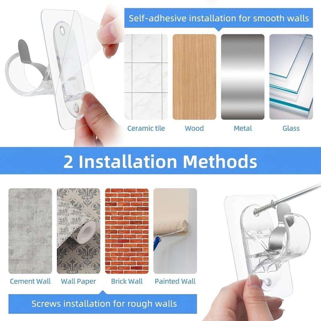 Adhesive Curtain Rod Bracket with Spring Clip Hook, for Bathroom Dorm Kitchen