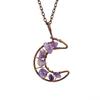 Vintage Handmade Wire-Wrapped Amethyst Moon Pendant Necklace with Colorful Crushed Stone Beads