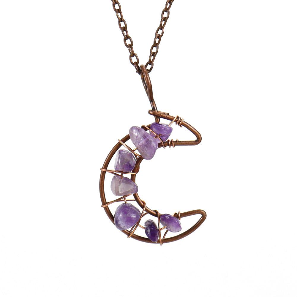 Vintage Handmade Wire-Wrapped Amethyst Moon Pendant Necklace with Colorful Crushed Stone Beads