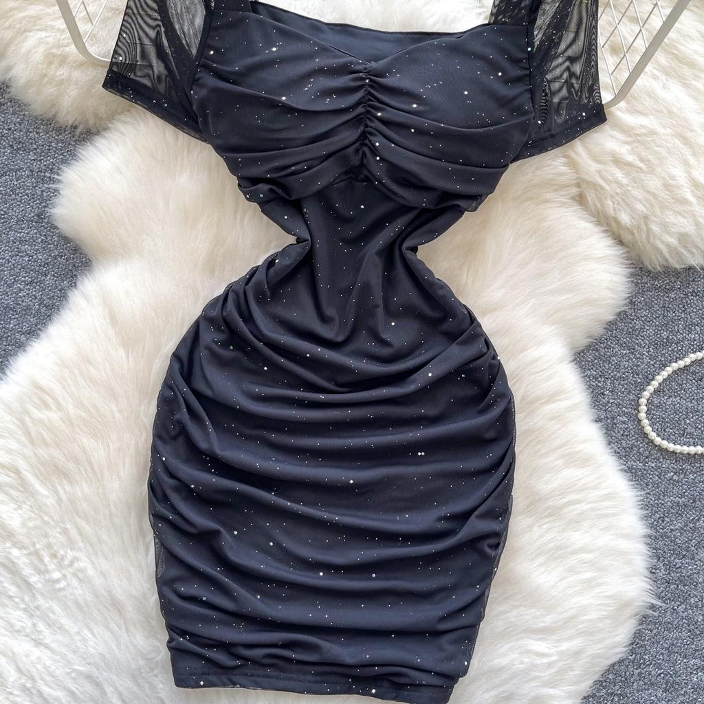 Summer Women Square Collar Short Sleeve Mini Sexy Club Party Slim Bodycon Sheath Dresses