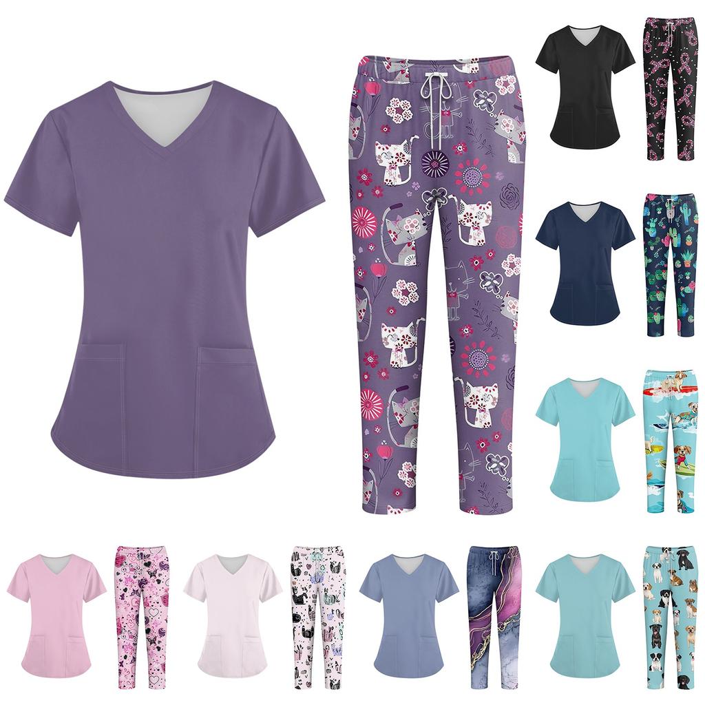 Bedruckte Oberteile für die Arbeitsuniform in Übergröße für Damen, V-Ausschnitt, Halloween-Aufdruck, kurzärmliges Fun-T-Shirt, Workwear-T-Shirt mit Taschen