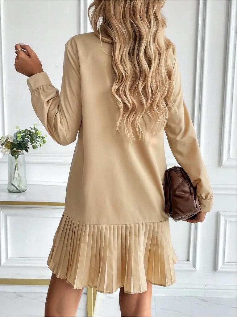 2025 Autumn/Winter European & American Pleated Patchwork Dress with Shirt Collar & Twist Button