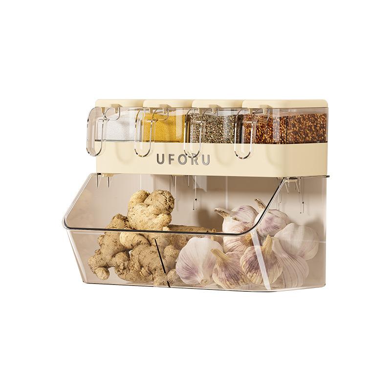 Food Grade Spice Box Wall Mounted No Drill Kitchen Storage Container for Ginger Garlic Plastic Organizer