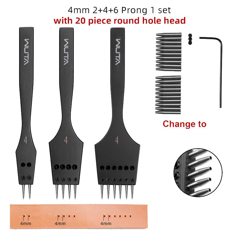 WUTA Removable Round Hole Leather Punch Set, 2nd Gen, 4 Mm (2/4/6 Prongs)