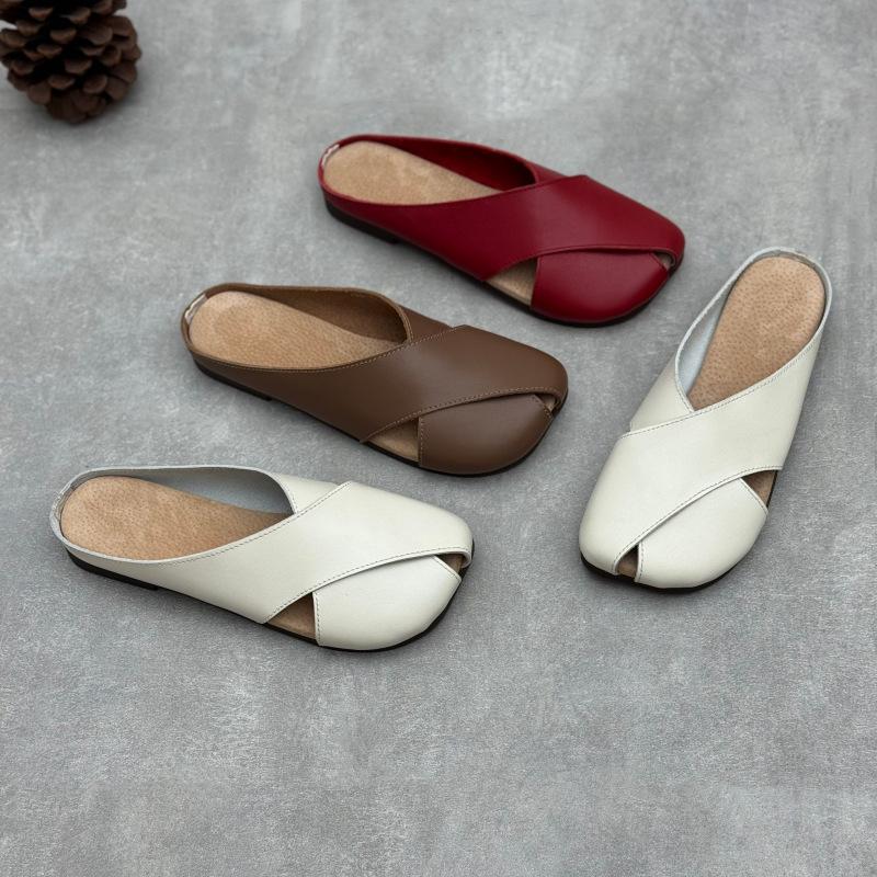 Baotou Women's Shoes - Flat-bottom, Simple Design, Soft Leather, Soft Sole Flip-flops