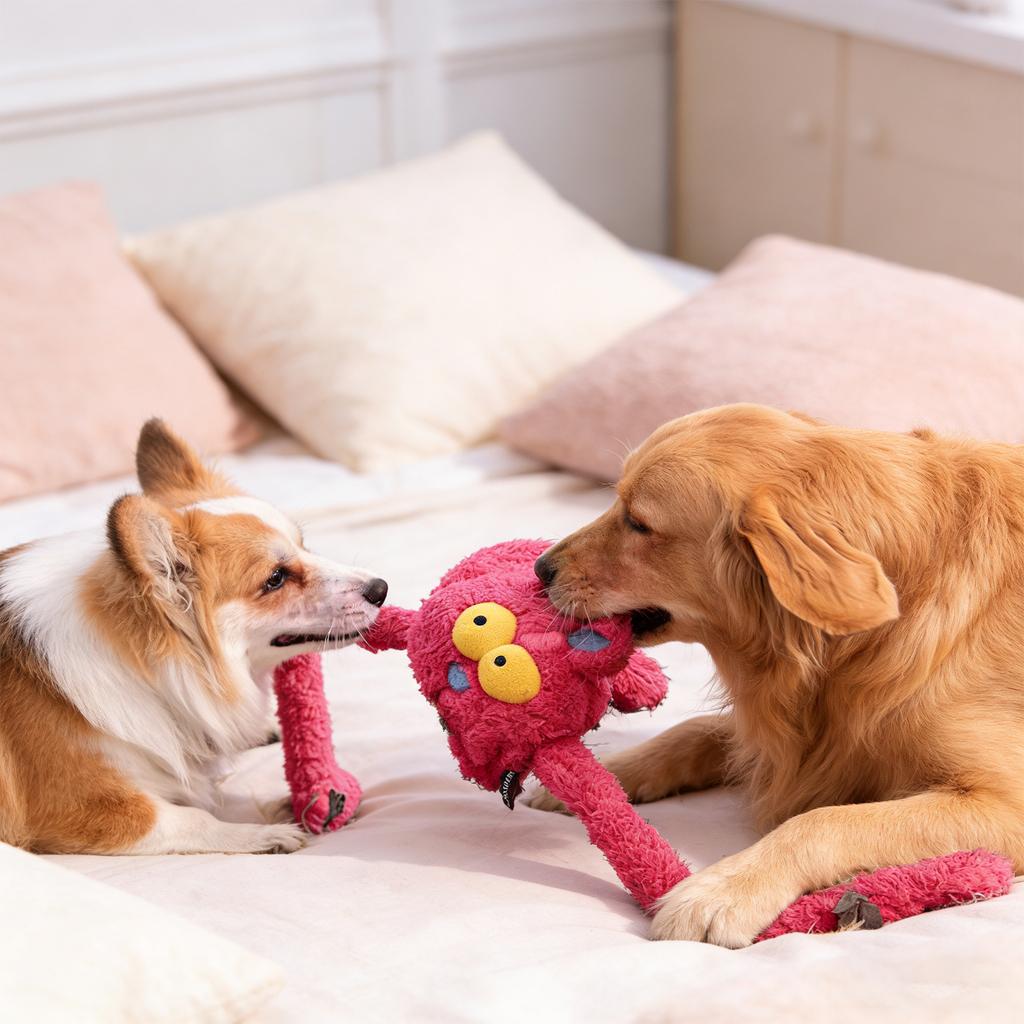 Dog Plush Toy, Squeaky Interactive Tugging Chew Toy For Dogs – Soft Fuzzy Plaything With Movable Limbs & Multi,Squeaker Design