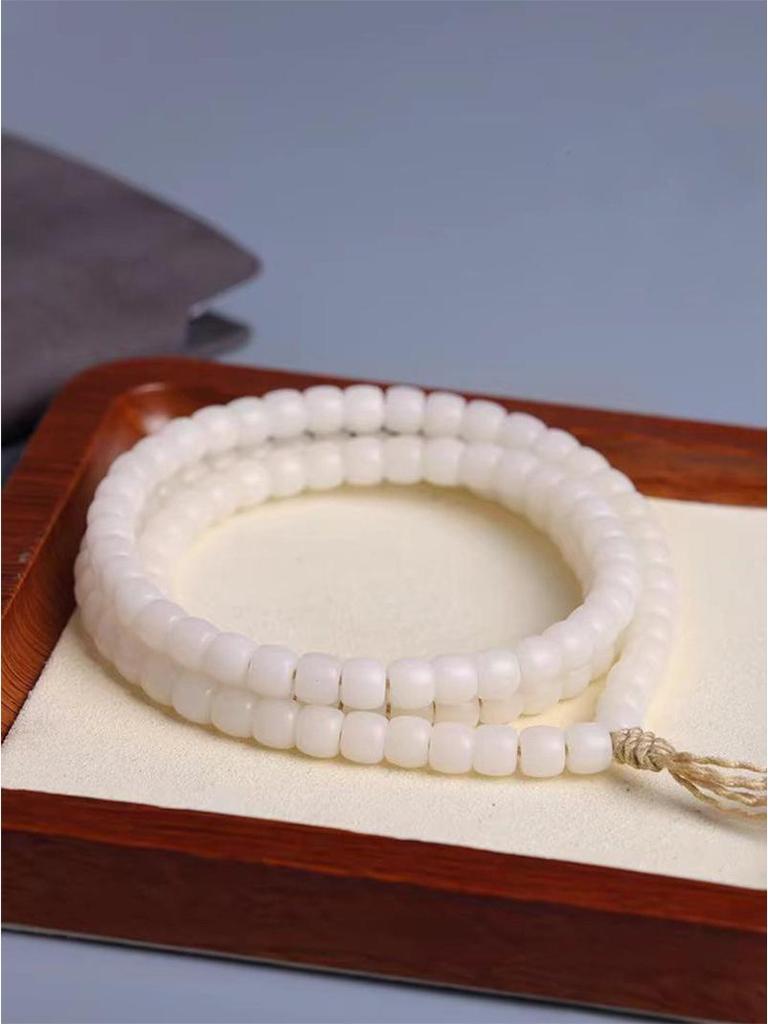 White Jade Bodhi 114-Bead Bracelet: Smooth, High-Density Apple Barrel Beads