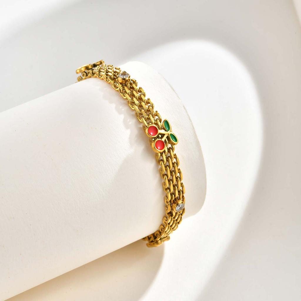 Cute Cherry White Zircon Bracelet for Women,18K Gold Plated Mesh Strap Chain Bracelets,Fashion Daily Jewelry Gifts