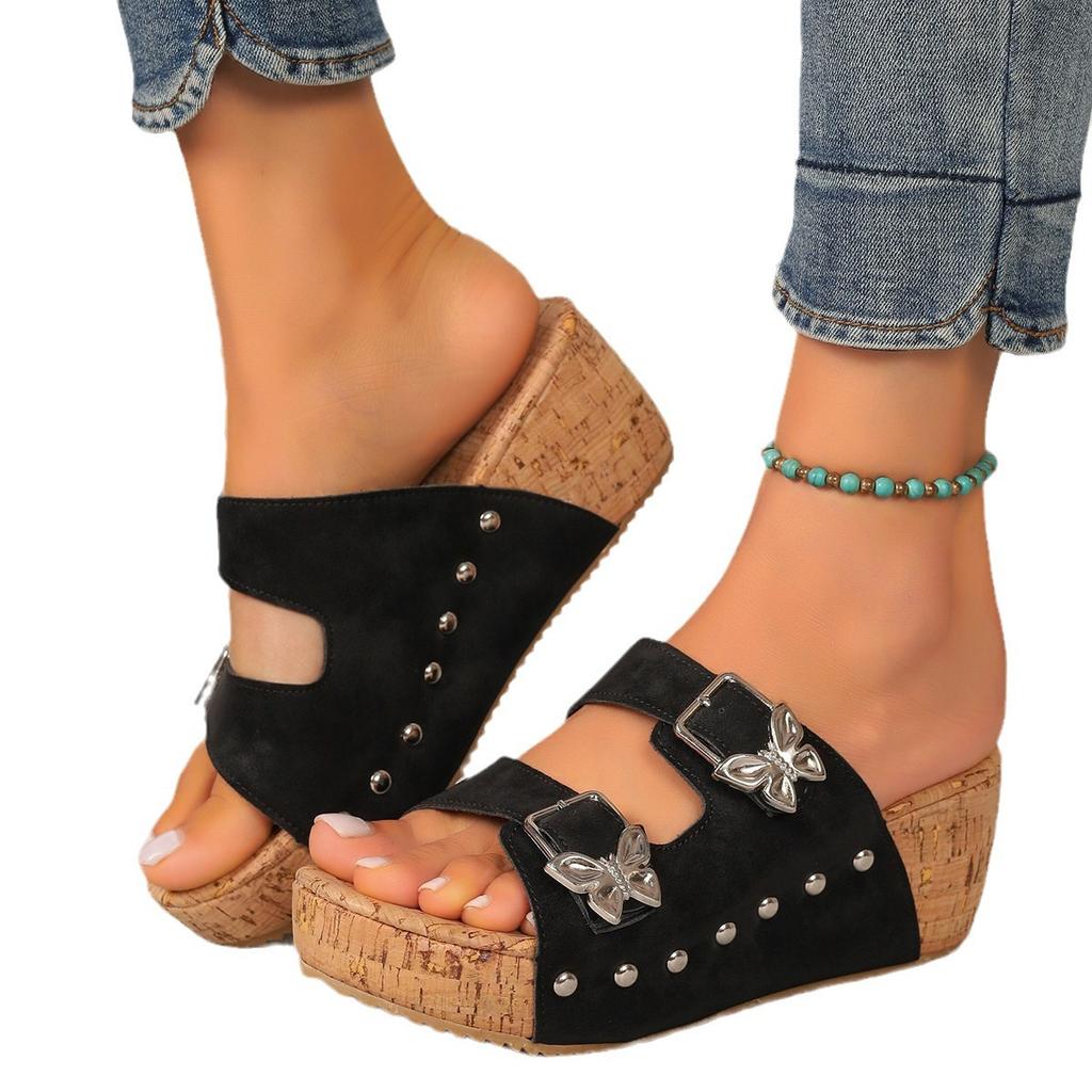 Pantoufles compensées grande taille pour femmes, vêtements d'extérieur 2025 été nouveau, même mode décontractée, pantoufles à plateforme mode