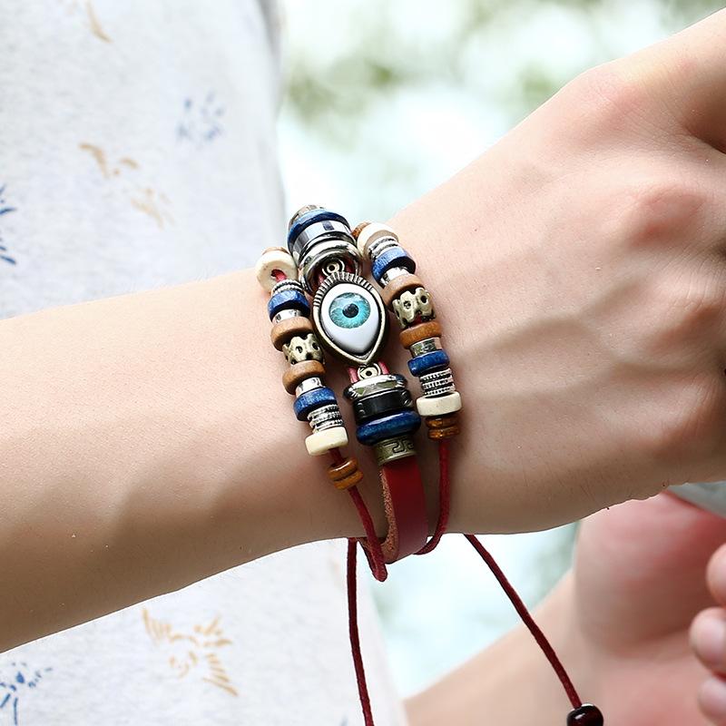 1pcs Couple Pull Adjustable Bracelet, Beaded Eye Leather Bracelet, Cowhide Handmade Jewelry