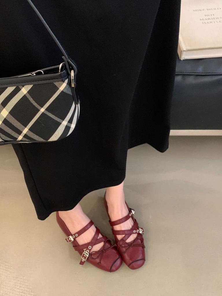 2025 new French retro style square head bow with Mary Jane shoes women's flat ballet shoes