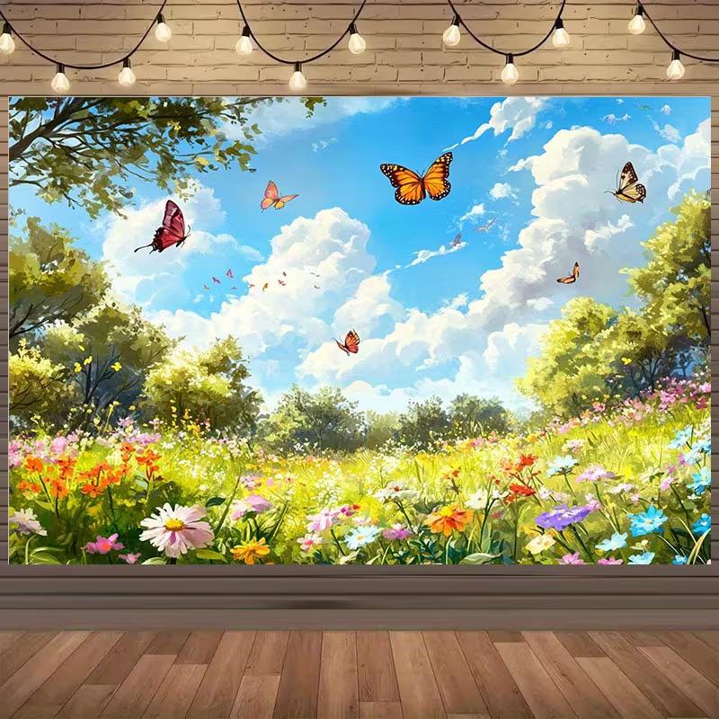 

2D Spring Wildflower Meadow Photography Backdrop Butterfly Blue Sky Background 47.2x31.5inch/120*80cm
