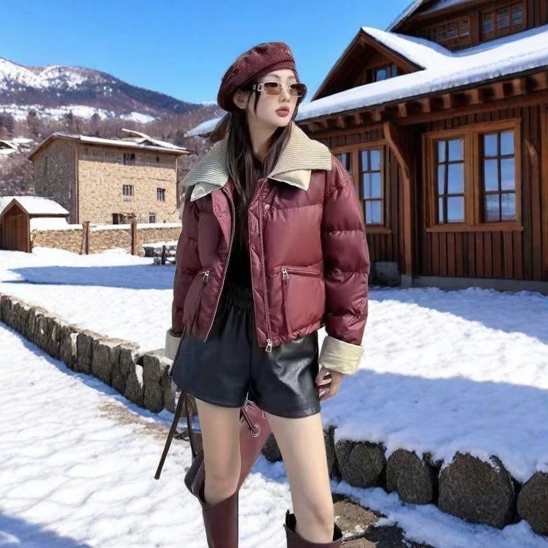 Knitted Lapel Short Down Cotton-padded Jacket for Women's Winter Thickened Leather Splicing Cotton-padded Jacket