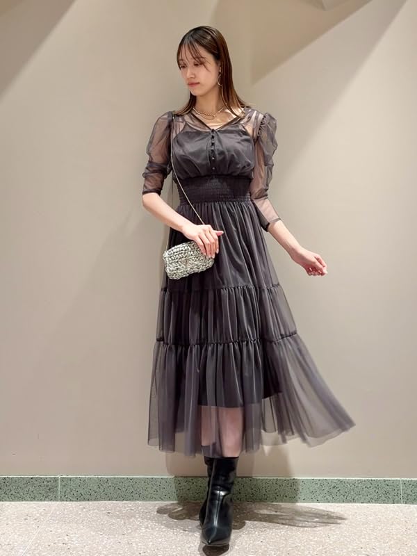 tiered tulle dress SWFO251011CGRY0 V-neck