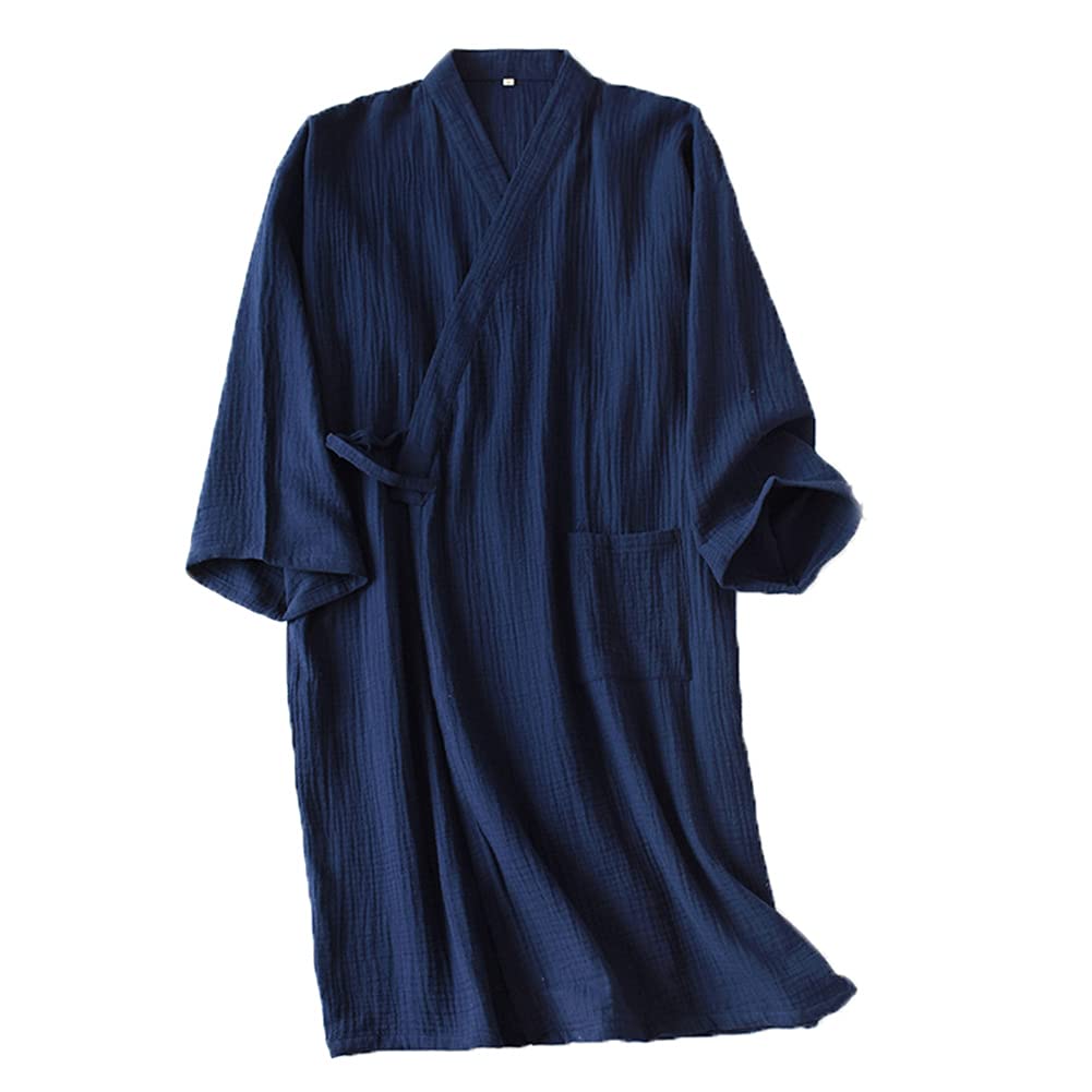SLMJMY Gauze Pajamas for Front Long Sweat Japanese Autumn Blue L Men, Gauze, Nightwear, Loungewear, One-piece, Opening, Sleeves, 100% Cotton,