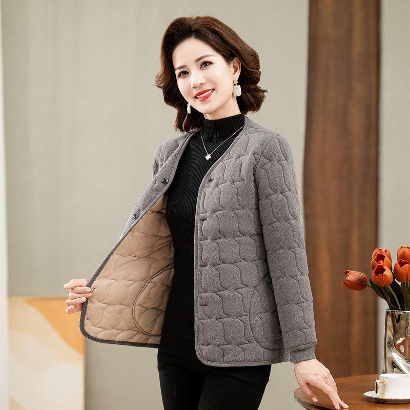 Middle-aged and Elderly Women's Clothing Fleece-lined Warm Winter Cotton Jacket Mother's Thickened Padded Coat, Close-fitting Inner Lining Jacket