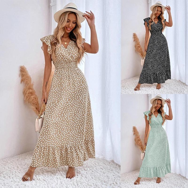 Rochie de primăvară-vară cu decolteu în V, talie strânsă, frunze de lotus, mâneci înalte, pentru femei