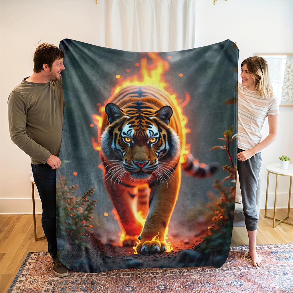 1pc Flame Tiger Blanket - Soft Flannel-like Texture, All-Season Luxury Bedspread/Throw - Machine Washable Polyester - Perfect Gi