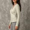Women's Casual Long Sleeve Cross V-Neck Pleated T-Shirt for Fall