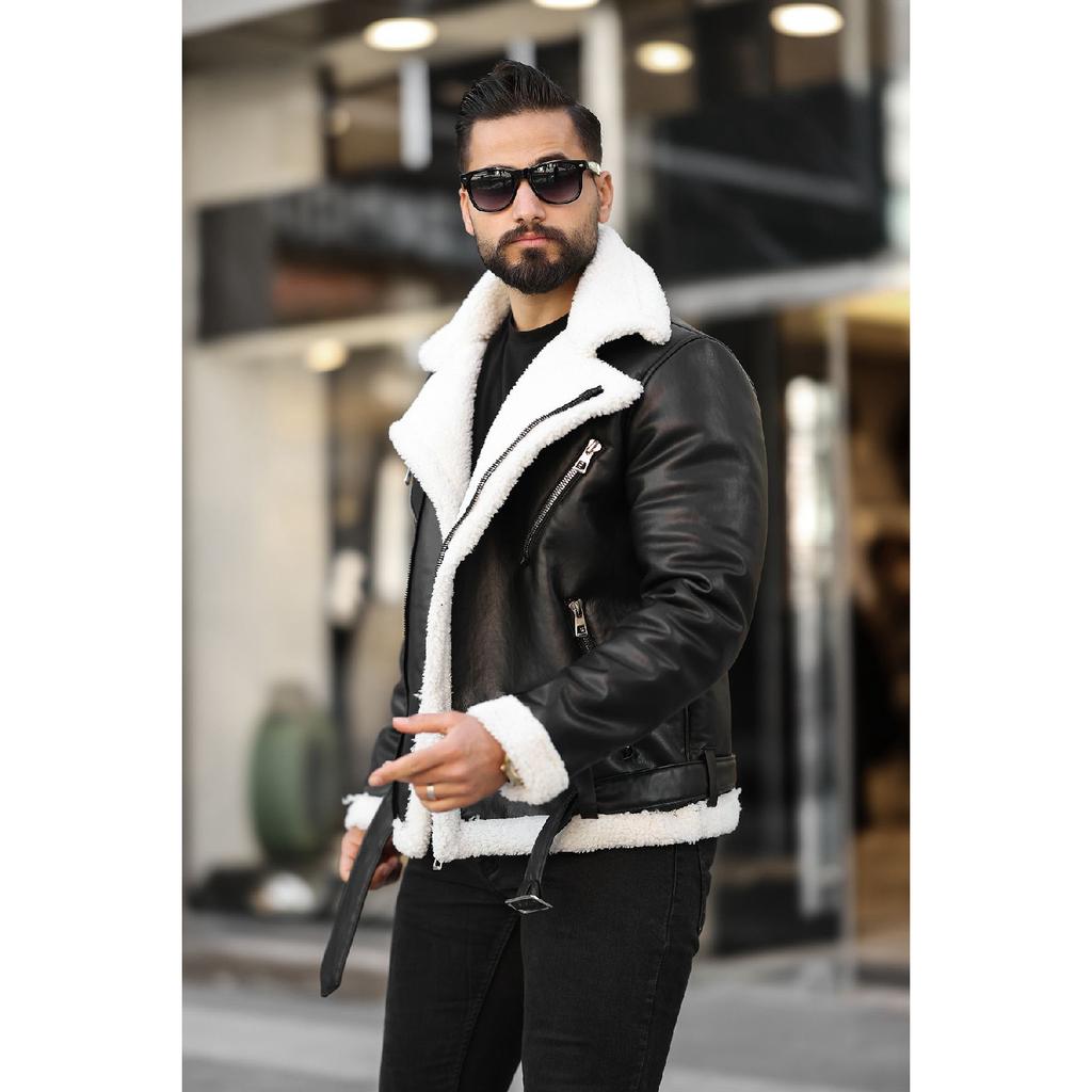 Laminated Leather Double-breasted Coat With Complete Fur Inside