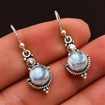 Huitan Ästhetische Imitation Mondstein Hängeohrringe für Damen Bohemia Stil Blume Ohrringe Anti Silber Farbe Vintage