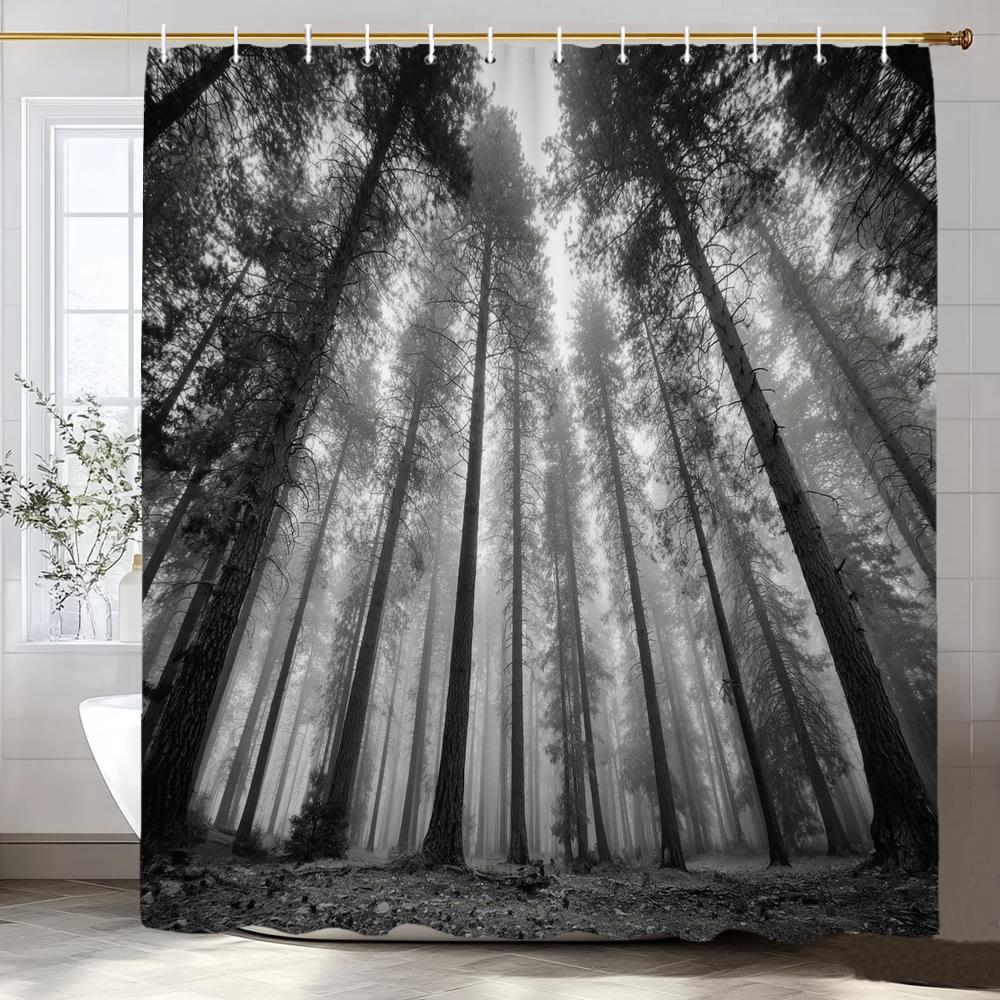 Schwarzer Baum Duschvorhang, Schwarzer Nebelwald Badezimmer Dekorativer Duschvorhang, Hängender Vorhang 12 Haken Maschinenwaschbar
