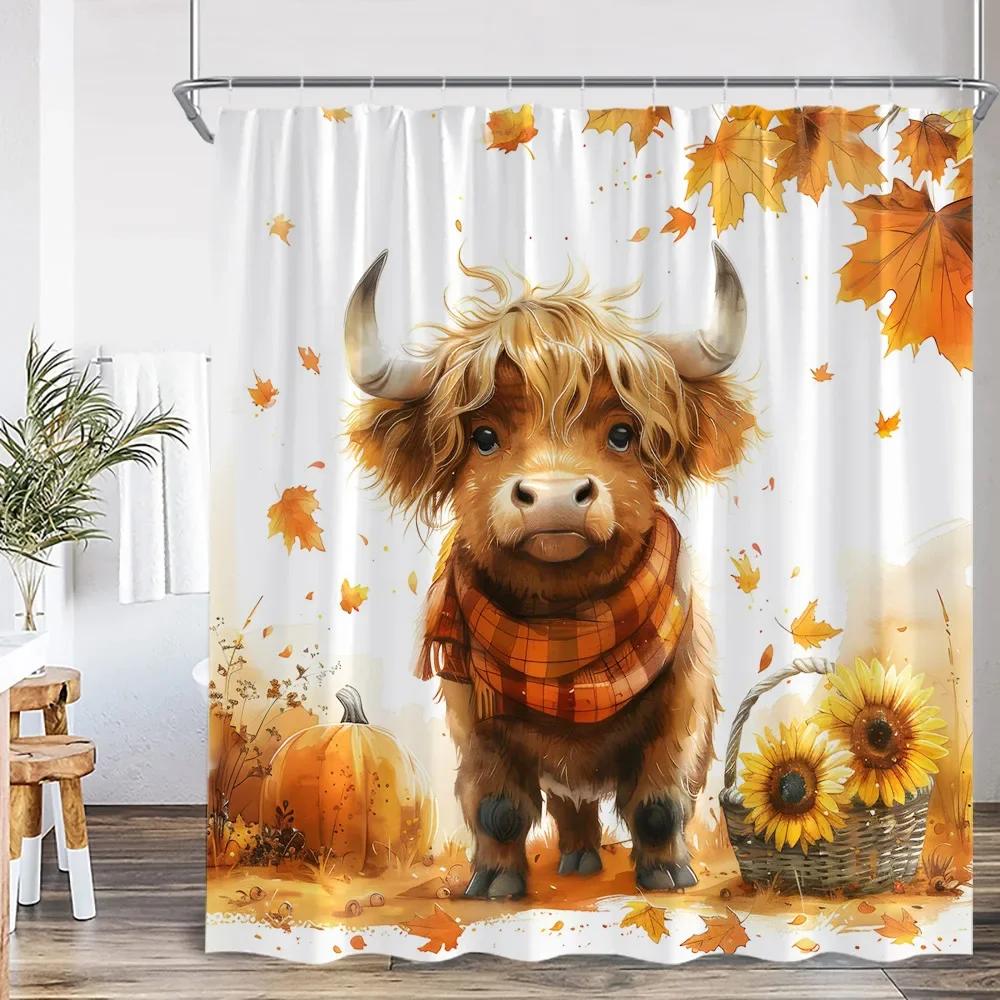 Cartoon shower curtain highland cattle harvest season pumpkin sunflower farmhouse bathroom decoration with hook shower curtain