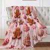1pc Soft Pink Gingerbread Men & Candy Stripes Flannel Throw Blanket - Christmas Winter Decor Cozy Warm All-Season Couch Bed