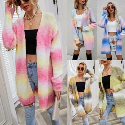 Cardigan mi-long pour femme à teinture tie-dye, pull tricoté avec poche