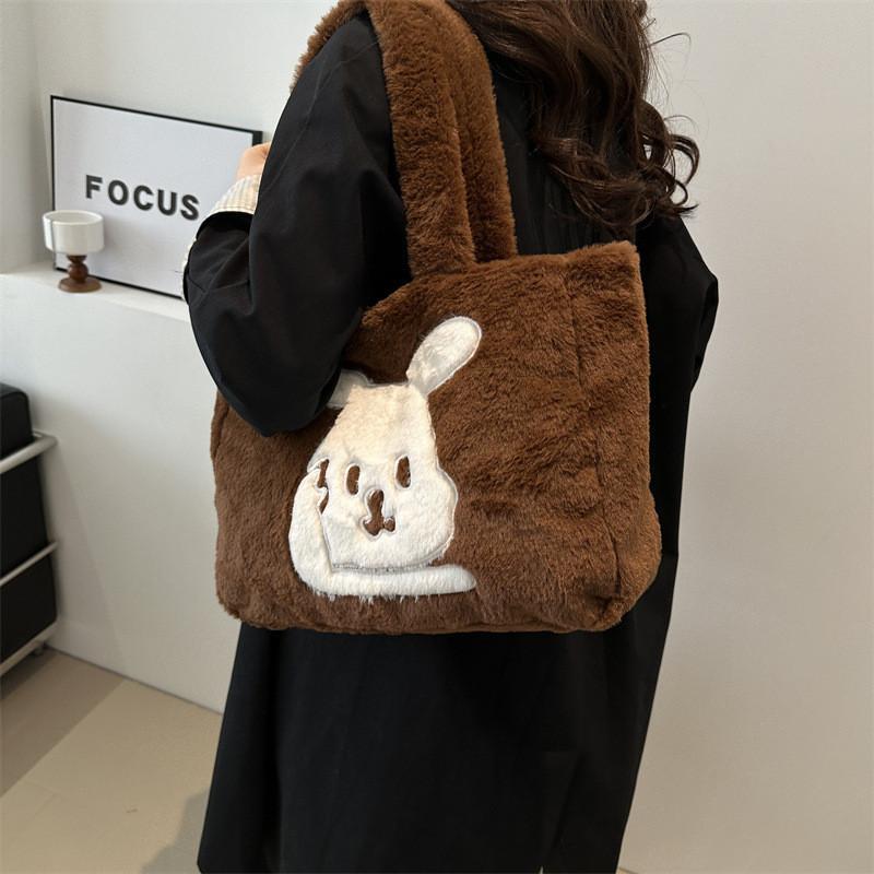 Wholesale Fashion Street Style Large Capacity Plush Tote Bag Women Winter Bunny Embroidery Shoulder Bag