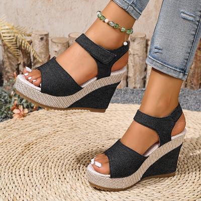 Damen Leder Sommer Keilabsatz Damen Große Größen Mittelhoher Plateauabsatz Schwarz Bequeme Retro Sandalen für Damen