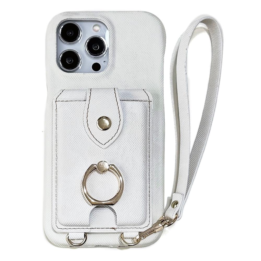 For iPhone 15 Pro Case Ring Kickstand Card Holder Jeans Cloth Texture PU Leather Back Cover with Strap