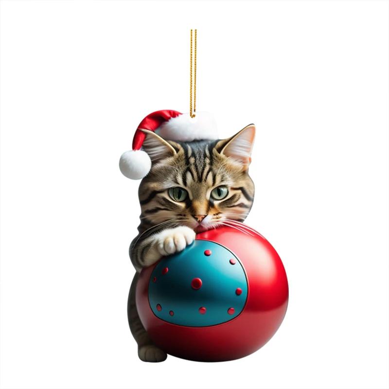 1-10PCS Christmas Acrylic Car Hanging Ornament Cat Santa Hat Tree Pendant Holiday Home Decoration Xmas Party Supplies