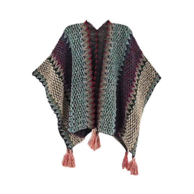 

Шали-накидки для женщин Бохо Вязаное пончо Женское Радужное Повседневное Свободное Полосатое Бахрома Плед Шарф