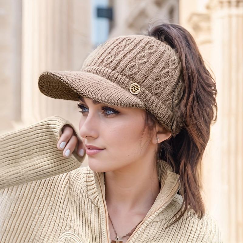 Women'S Lightweight Knit Ponytail Beanie - Stretchy, Warm Winter Hat with Ear Flaps and Drawstring, Ideal for Outdoor Activities, Beanie Hiking
