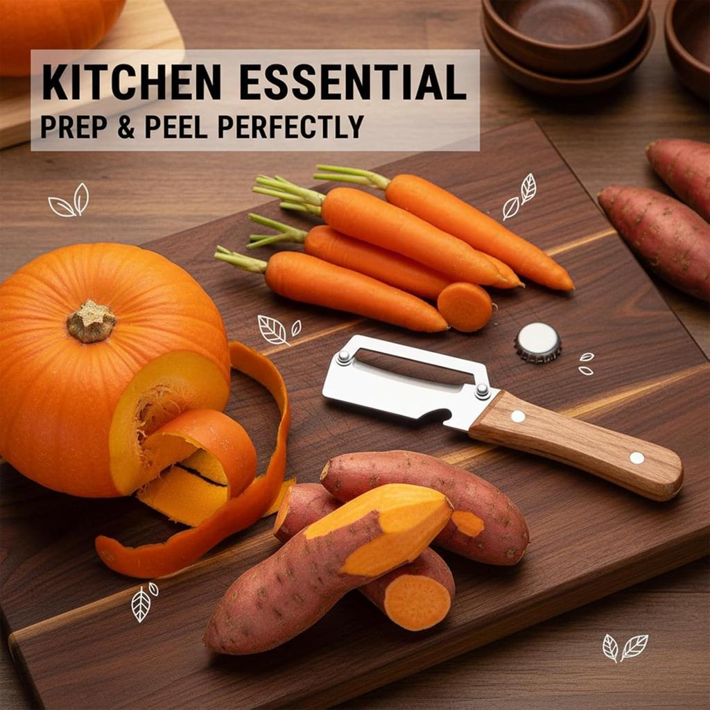 Multifunctional Vegetable Peeler with Wooden Handle and Bottle Opener, 2-in-1 Stainless Steel Blade, Camping, Apple Potato Pumpkin Papaya Peeling