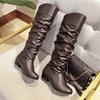 Damen Ritterstiefel Niedriger Absatz Grober Absatz Hohe Stiefel Plissierte Überstiefel Fleece Lange Stiefel Dicke Sohle Hoher Schaft
