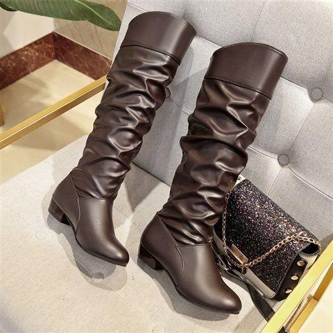 Damen Ritterstiefel Niedriger Absatz Grober Absatz Hohe Stiefel Plissierte Überstiefel Fleece Lange Stiefel Dicke Sohle Hoher Schaft
