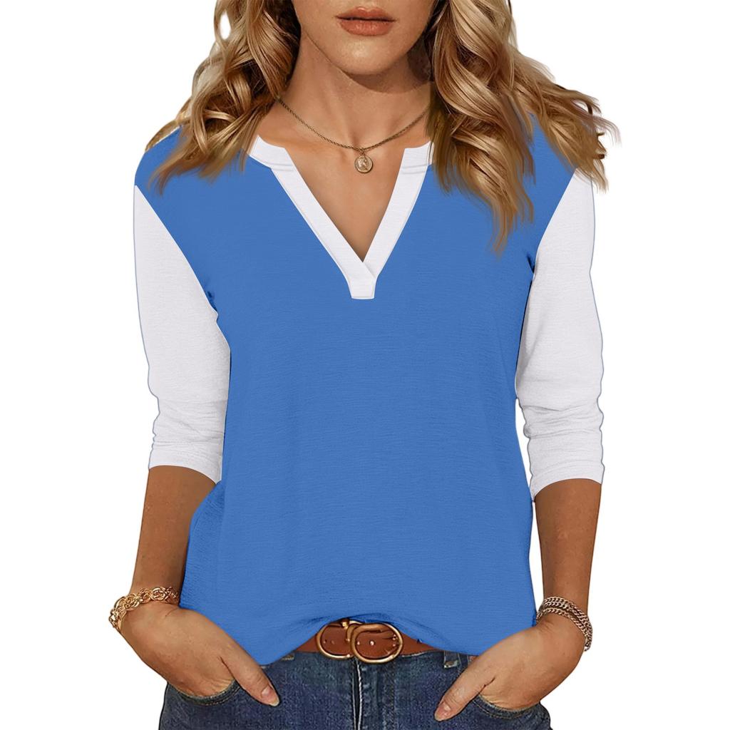 Women's Casual Fashion Sexy Comfortable V-neck Stitching Color Three-quarter Sleeve Top
