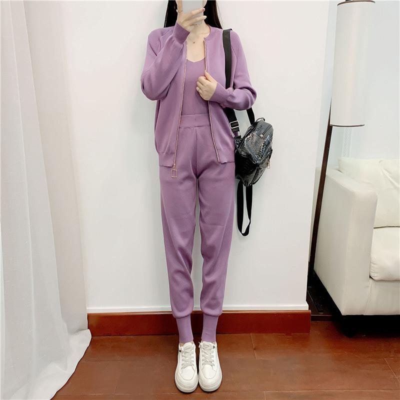 Herbst Winter Neuer Strickanzug Damenmode Lässiger Cardigan Weste Hose Dreiteiliges Set
