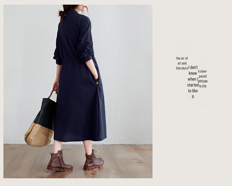 2025 Autumn Korean Style Cotton-Linen Polo Collar Elegant Long Sleeve Shirt Dress