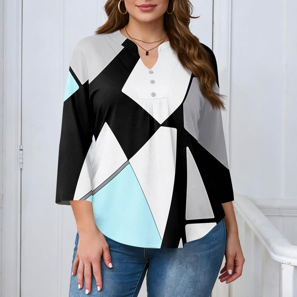 Women's Plus Size Fashionable Casual Loose Fit Three Quarter Sleeve Elegant Button Up V Neck Top